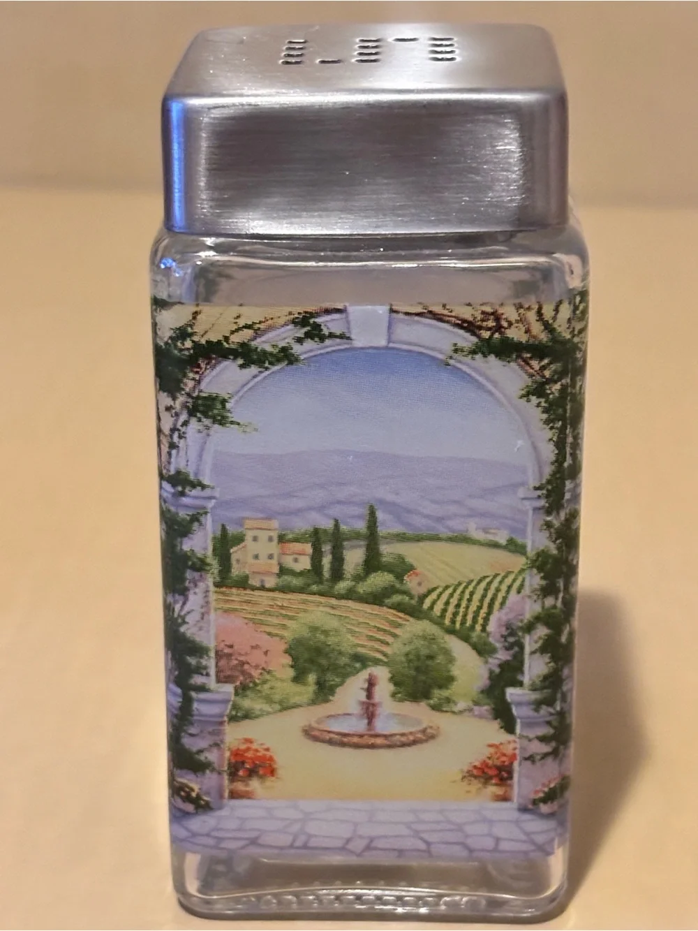 Italian Scene Glass Salt and Pepper Set with Caddy